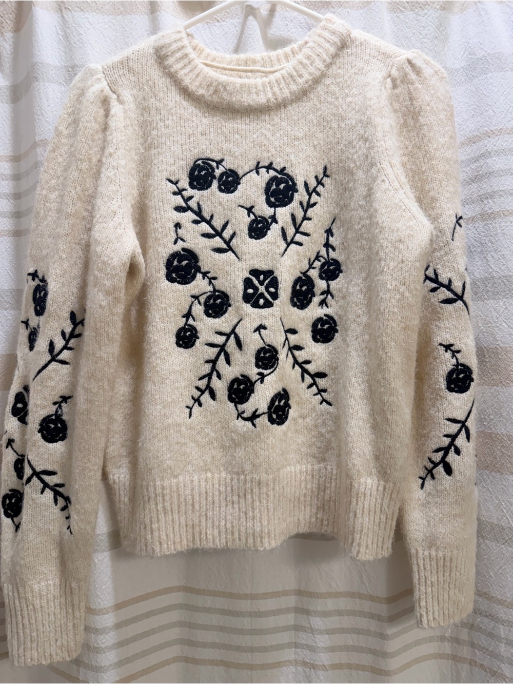 Vero Moda Cream Crewneck Sweater with Black Floral Embroidery